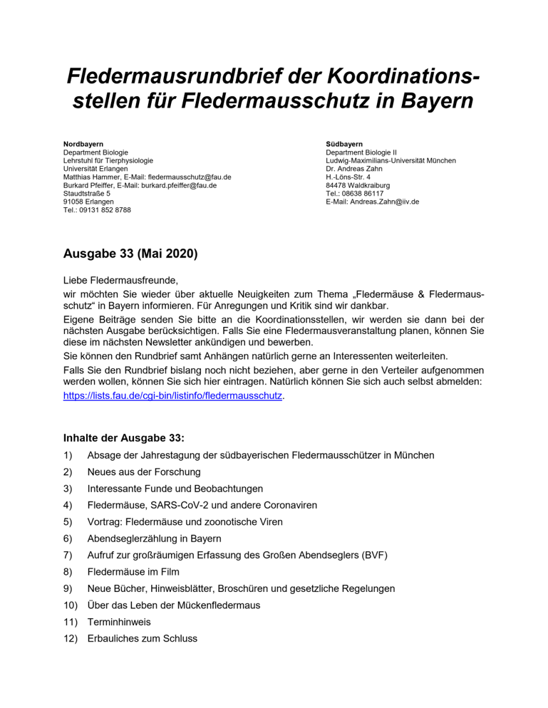 Fledermausrundbrief der Koordinationsstellen für Fledermausschutz in Bayern - Ausgabe 33