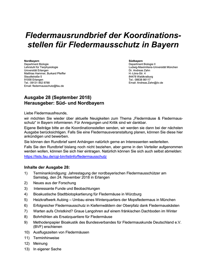 Fledermausrundbrief der Koordinationsstellen für Fledermausschutz in Bayern Nr. 28