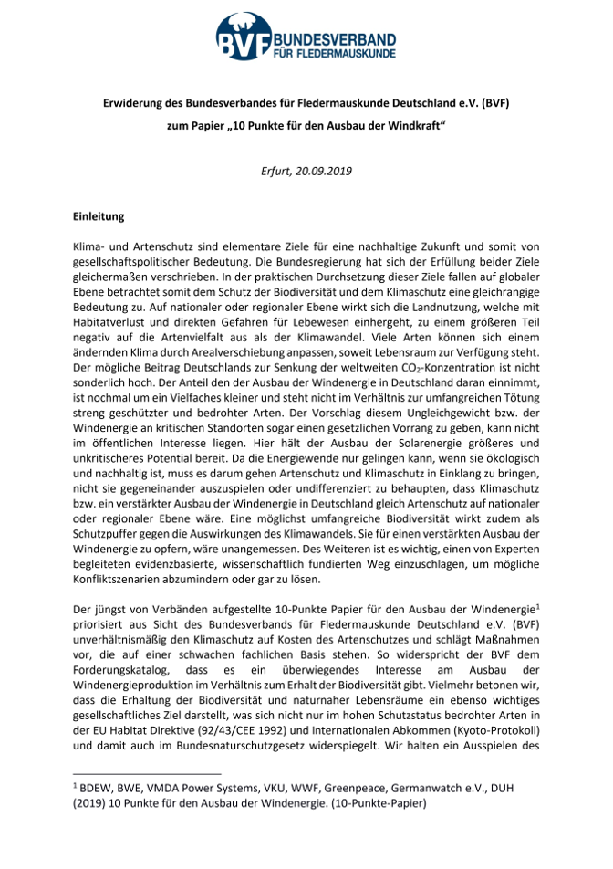 Erwiderung des Bundesverbandes für Fledermauskunde Deutschland e.V. (BVF) zum Papier „10 Punkte für den Ausbau der Windkraft“