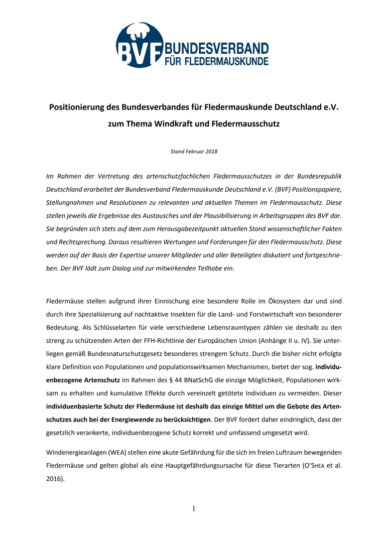 Positionierung des Bundesverbandes für Fledermauskunde Deutschland e.V. zum Thema Windkraft und Fledermausschutz