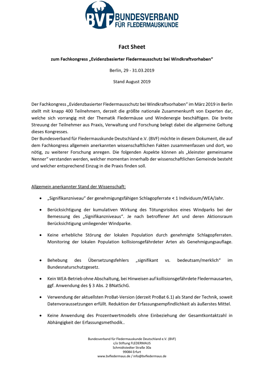 Fact sheet zum Fachkongress "Evidenzbasierter Fledermausschutz bei Windkraftvorhaben"