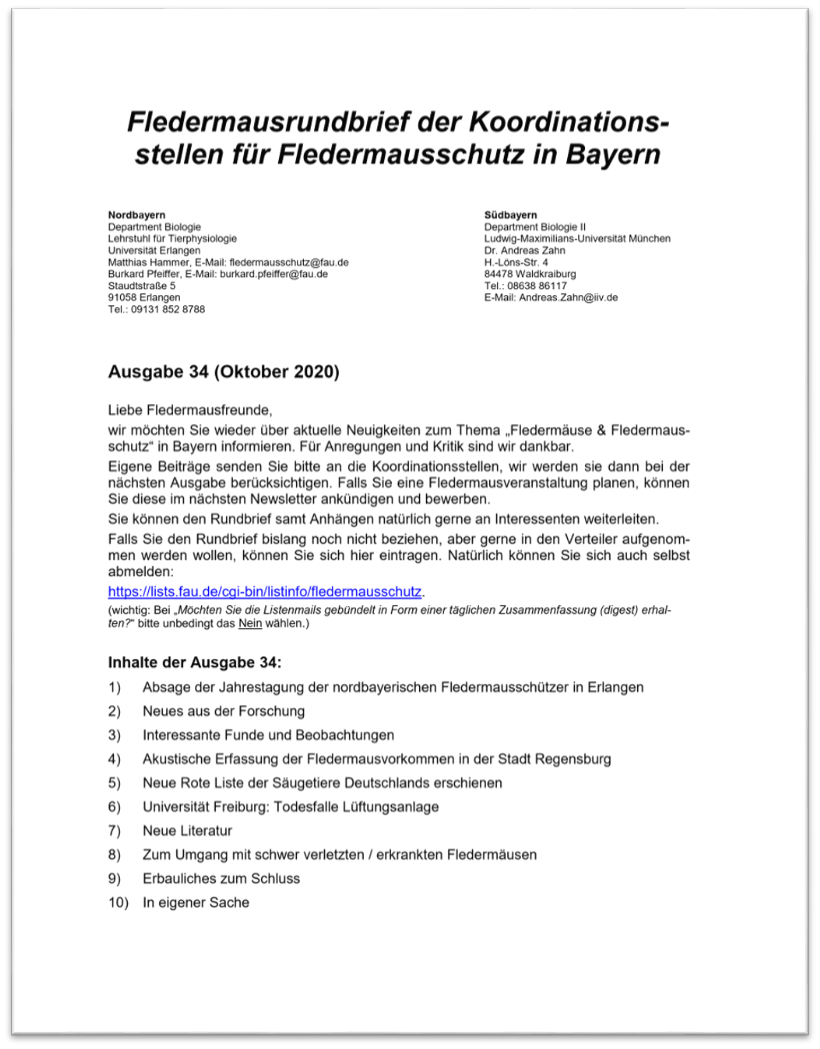 Fledermausrundbrief der Koordinationsstellen für Fledermausschutz in Bayern - Ausgabe 34