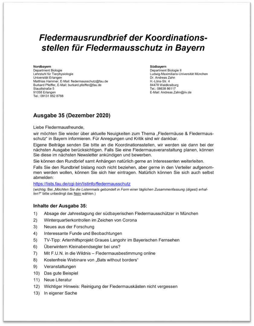 Fledermausrundbrief der Koordinationsstellen für Fledermausschutz in Bayern - Ausgabe 35