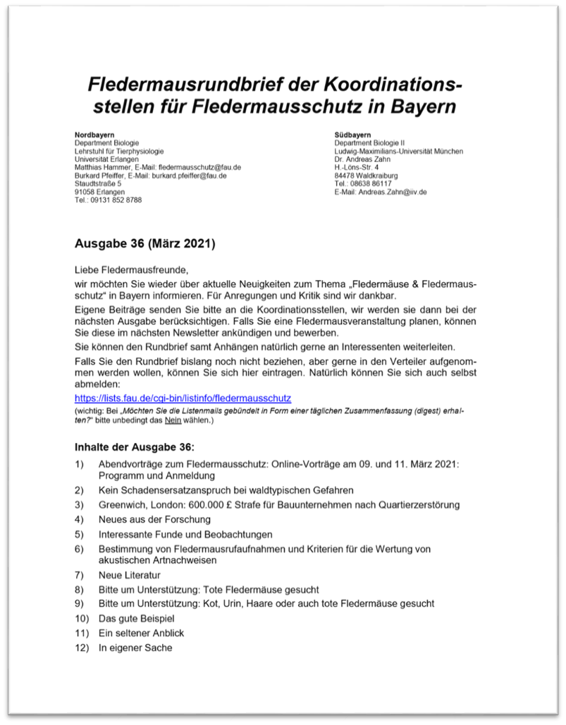 Fledermausrundbrief der Koordinationsstellen für Fledermausschutz in Bayern - Ausgabe 36