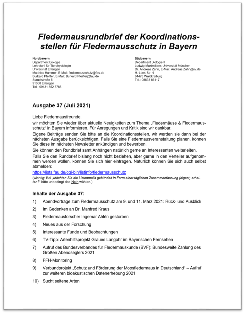 Fledermausrundbrief der Koordinationsstellen für Fledermausschutz in Bayern - Ausgabe 37