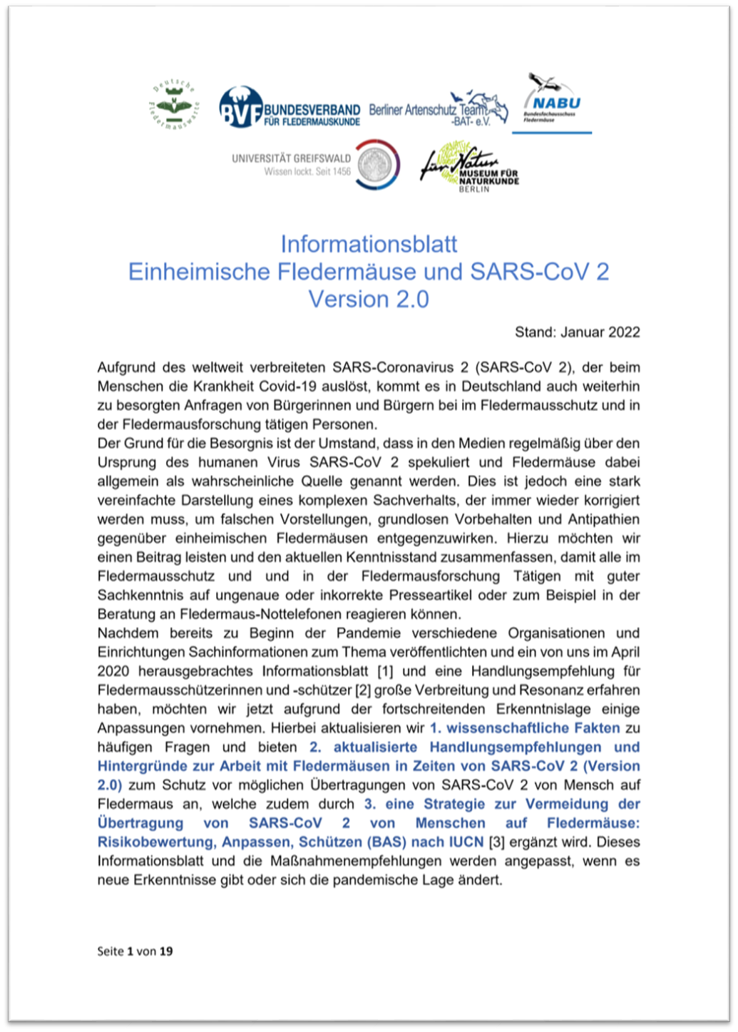 Informationsblatt Einheimische Fledermäuse und SARS-CoV 2 Version 2.0