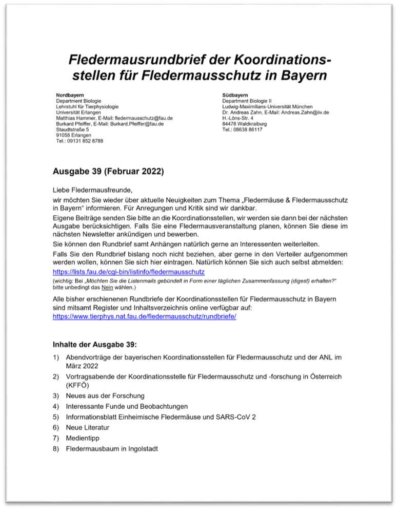 Fledermausrundbrief Nr. 39 der Koordinationsstellen für Fledermausschutz in Bayern