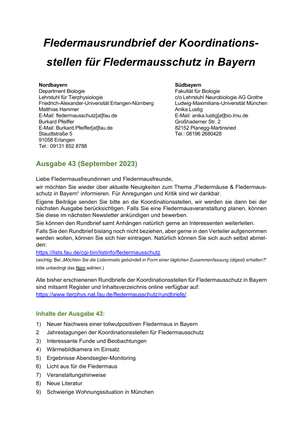 Rundbrief Nr. 43 der Koordinationsstellen für Fledermausschutz in Bayern