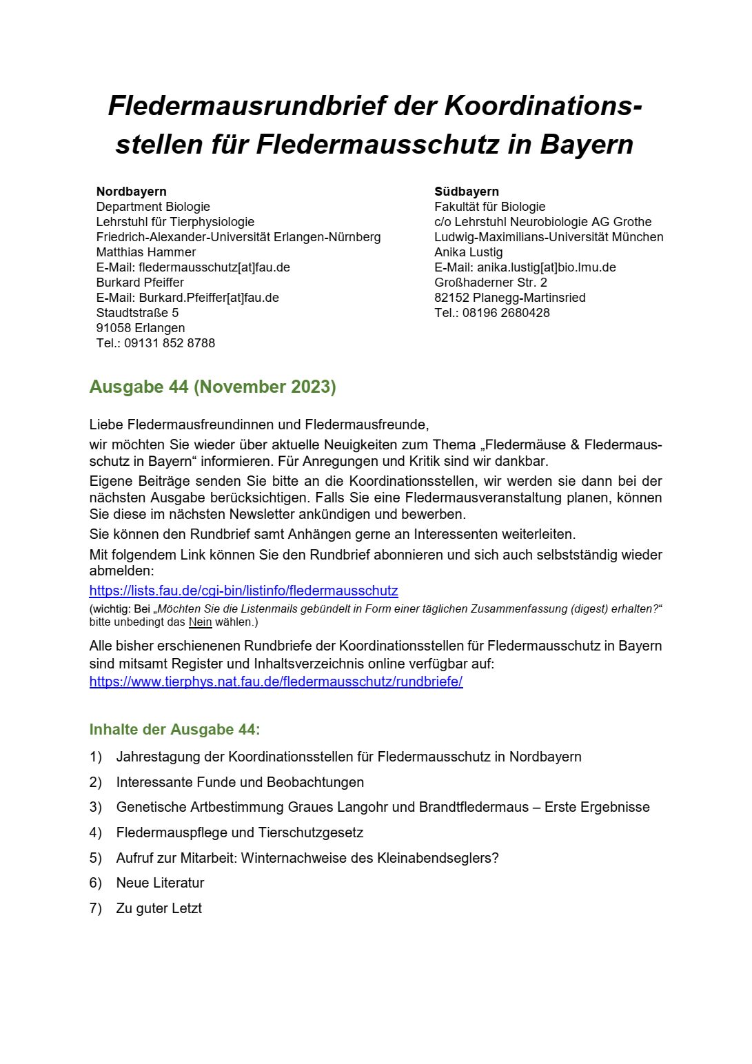 Rundbrief Nr. 44 der Koordinationsstellen für Fledermausschutz in Bayern