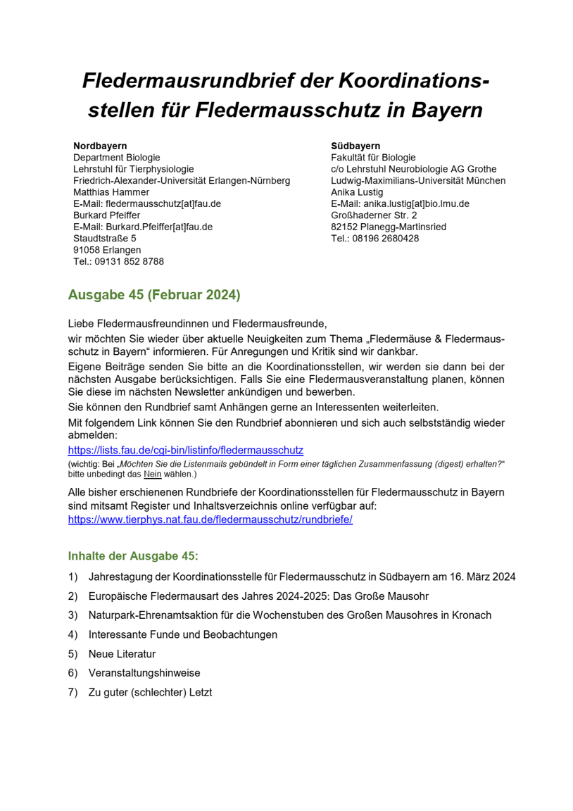 Rundbrief Nr. 45 der Koordinationsstellen für Fledermausschutz in Bayern